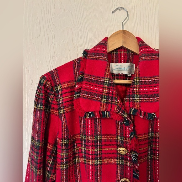 Vintage Red Tweed Plaid Knit Woven Raw Hem Fringe Blazer Jacket Gold Buttons - Picture 6 of 12
